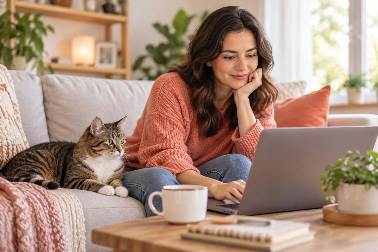 Owner comparing information on a laptop with a tabby cat beside her